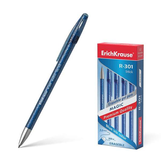 Erichkrause R-301 Magic Gel Boligrafo Borrable - Tinta Gel - Punta de 0.5mm - Trazo de 0.4mm - Cuerpo Semitransparente con Efecto Brillante - Color Azul - Cantidad: 12