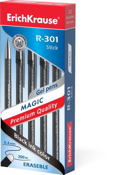 Erichkrause R-301 Magic Gel Boligrafo Borrable - Tinta Gel - Punta de 0.5mm - Trazo de 0.4mm - Cuerpo Semitransparente con Efecto Brillante - Color Negro - Cantidad: 12