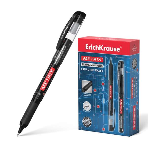 Erichkrause Metrix Boligrafo Tinta Gel - Punta 0.5mm - Agarre de Goma - Capuchon con Clip - Secado Rapido - Color Negro - Cantidad: 12