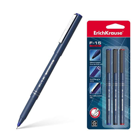Erichkrause F-15 Pack de 3 Rotuladores Punta Fina - Trazo de 0.6mm - Clip Metalico - Color Negro, Az