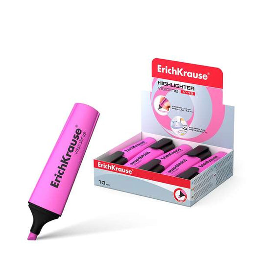 Erichkrause Visioline V-12 Marcador Fluorescente - Punta Biselada - Tinta a Base de Agua - Color Rosa - Cantidad: 10