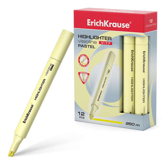 Erichkrause Visioline V-17 Pastel Marcador Fluorescente - Punta Biselada - Trazo de 0.6 a 4.5mm - Tinta a Base de Agua - Color Amarillo Pastel - Cantidad: 12