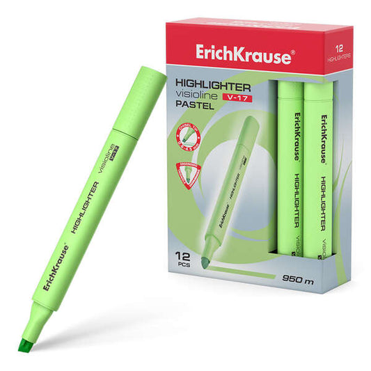 Erichkrause Visioline V-17 Pastel Marcador Fluorescente - Punta Biselada - Trazo de 0.6 a 4.5mm - Tinta a Base de Agua - Color Verde Pastel - Cantidad: 12