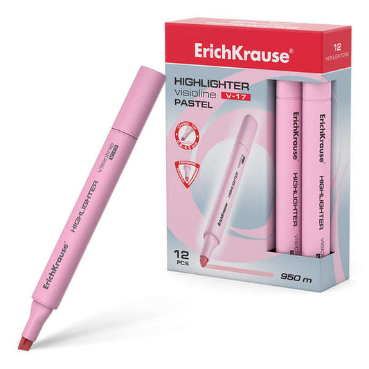 Erichkrause Visioline V-17 Pastel Marcador Fluorescente - Punta Biselada - Trazo de 0.6 a 4.5mm - Tinta a Base de Agua - Color Rosa Pastel - Cantidad: 12