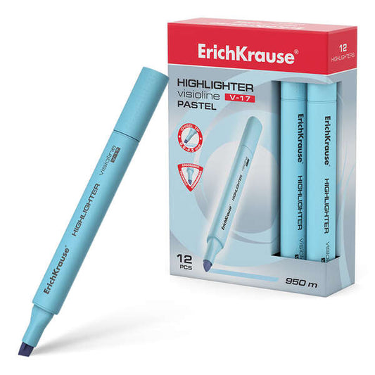 Erichkrause Visioline V-17 Pastel Marcador Fluorescente - Punta Biselada - Trazo de 0.6 a 4.5mm - Tinta a Base de Agua - Color Azul Pastel - Cantidad: 12
