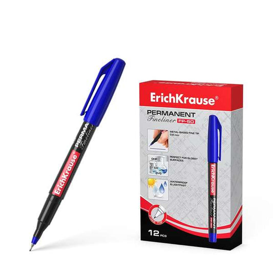 Erichkrause Marcador Permanente Fp-50 - Punta Fina de 0.6mm - Resistente a La Luz y al Agua - Color Azul - Cantidad: 12