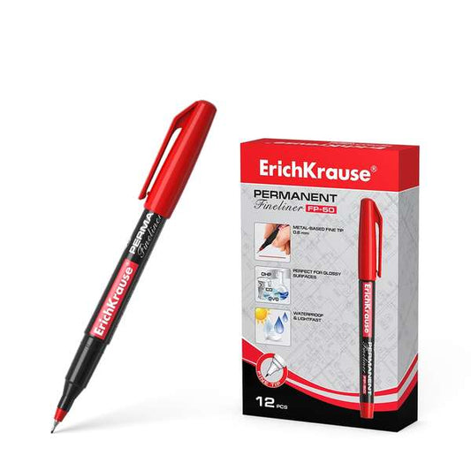Erichkrause Marcador Permanente Fp-50 - Punta Fina de 0.6mm - Resistente a La Luz y El Agua - Color Rojo - Cantidad: 12