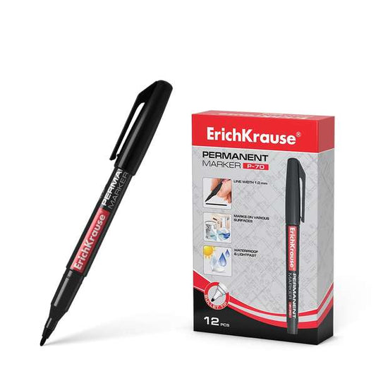 Erichkrause Marcador Permanente P-70 - Punta de Bala de 1.0mm - Resistente al Agua y a La Luz - Color Negro - Cantidad: 12