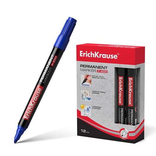 Erichkrause Marcador Permanente P-200 - Punta en Forma de Bala - Resistente al Agua y a los Rayos UV - Color Azul - Cantidad: 12