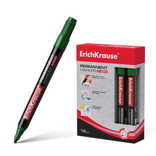 Erichkrause Marcador Permanente P-200 - Punta en Forma de Bala - Resistente al Agua y a los Rayos UV - Color Verde - Cantidad: 12