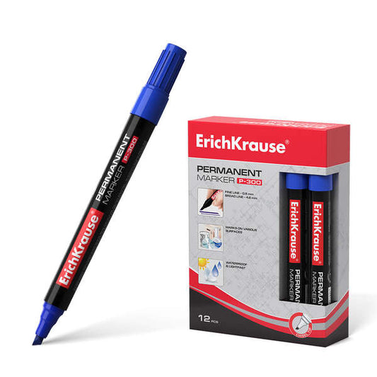 Erichkrause Marcador Permanente P-300 - Punta Biselada - Resistente al Agua y a los Rayos UV - Color Azul - Cantidad: 12