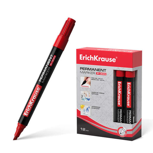Erichkrause Marcador Permanente P-300 - Punta Biselada - Resistente al Agua y a los Rayos UV - Color Rojo - Cantidad: 12