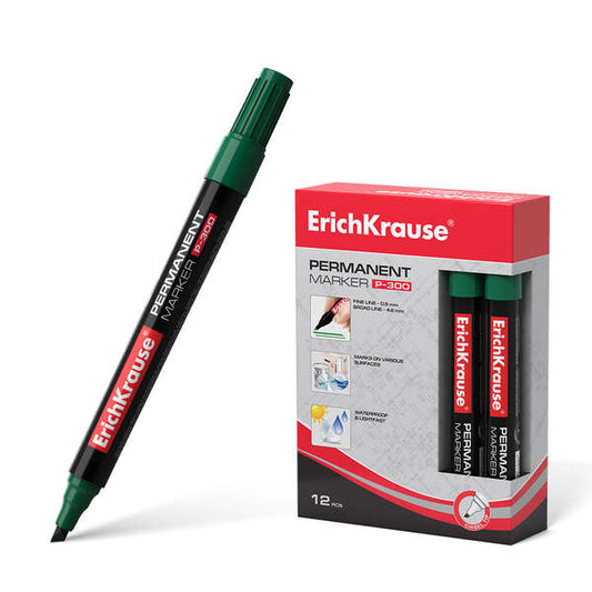 Erichkrause Marcador Permanente P-300 - Punta Biselada - Resistente al Agua y a los Rayos UV - Color Verde - Cantidad: 12
