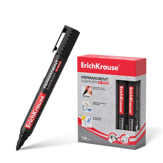 Erichkrause Marcador Permanente P-400 - Punta en Forma de Bala - Resistente a Multiples Superficies - Color Negro - Cantidad: 12