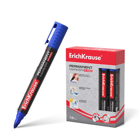 Erichkrause Marcador Permanente P-400 - Punta en Forma de Bala - Resistente a Multiples Superficies - Color Azul - Cantidad: 12
