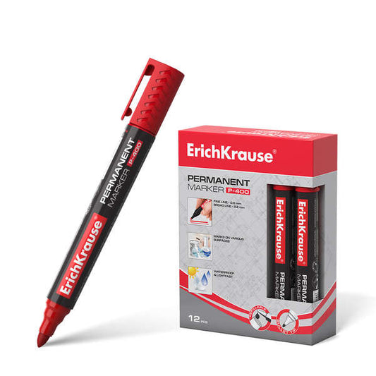 Erichkrause Marcador Permanente P-400 - Punta en Forma de Bala - Resistente a Multiples Superficies - Color Rojo - Cantidad: 12
