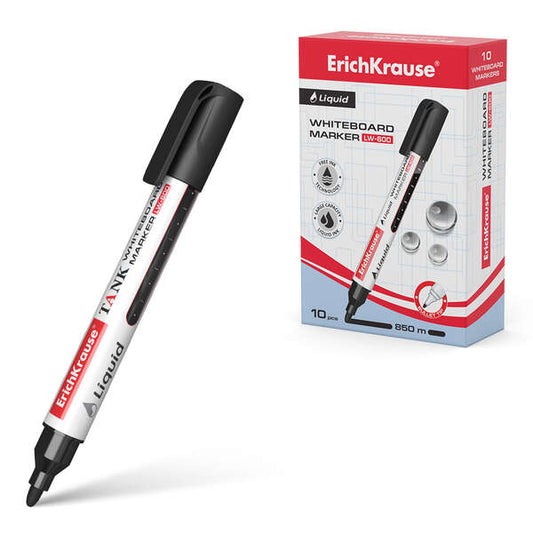 Erichkrause Liquid LW-600 Marcador de Pizarra Blanca - Tinta Liquida a Base de Alcohol - Punta en Forma de Bala - Ancho de Linea 2.5mm - Color Negro - Cantidad: 10