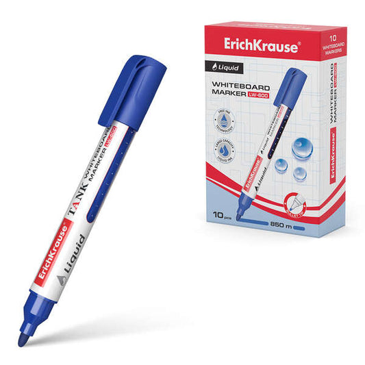 Erichkrause Liquid LW-600 Marcador de Pizarra Blanca - Tinta Liquida a Base de Alcohol - Punta en Forma de Bala - Ancho de Linea 2.5mm - Color Azul - Cantidad: 10
