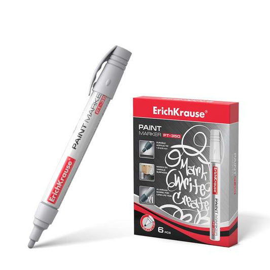 Erichkrause Marcador de Pintura Pt-350 - Sistema de Suministro de Tinta de Valvula - Cuerpo de Aluminio Resistente - Punta en Forma de Bala - Color Blanco - Cantidad: 6
