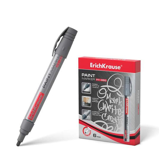 ErichKrause Pt-350 Marcador de Pintura - Sistema de Suministro de Tinta de Valvula - Cuerpo de Aluminio Resistente - Punta en Forma de Bala - Resistente al Agua y a los Rayos UV - Color Plateado - Cantidad: 6