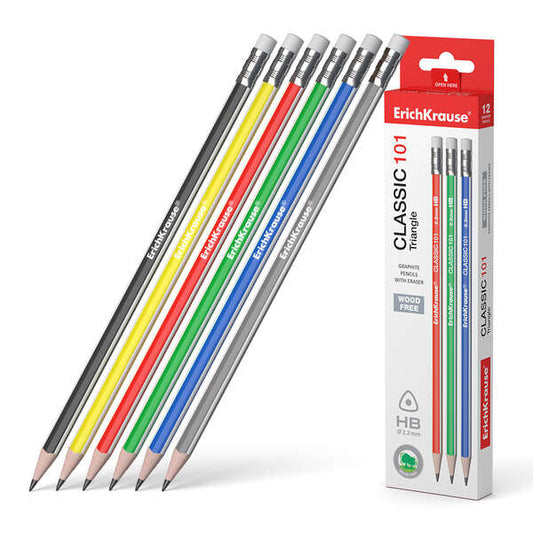 Erichkrause Classic 101 Lapiz de Grafito Plastico HB Triangular con Goma de Borrar - Colores Surtido