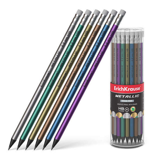 Erichkrause Metallic Lapiz de Grafito HB con Goma de Borrar - Cuerpo Redondo de Plastico - Colores S