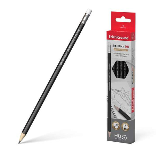 Erichkrause Jet Black 101 Lapiz de Grafito Hexagonal HB con Goma de Borrar - Resistente al Impacto - Color Negro - Cantidad: 12