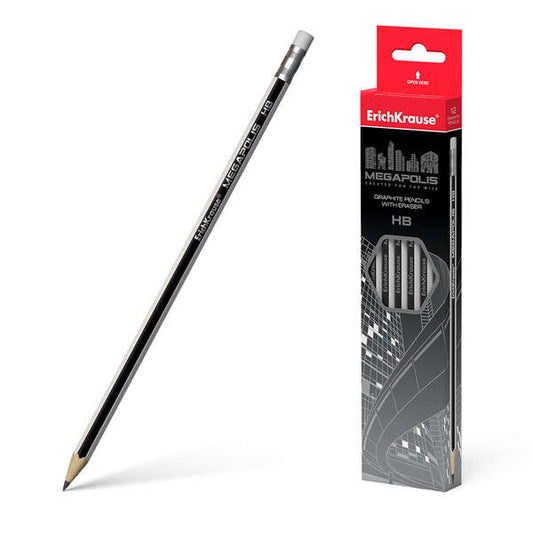 Erichkrause Lapiz de Grafito Hexagonal con Goma de Borrar Megapolis HB - Madera Seleccionada - Alta Resistencia al Impacto - Facil Afilado - Caucho Termoplastico Hipoalergenico - Color Negro - Cantidad: 12