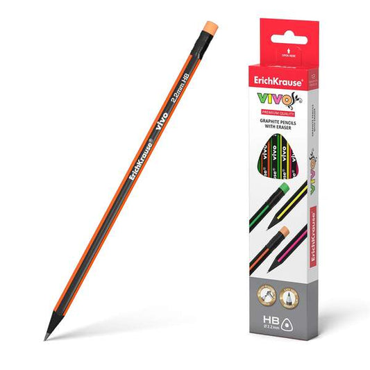 Erichkrause Vivo HB - Lapiz de Grafito Triangular con Goma de Borrar - Madera Seleccionada - Alta Resistencia al Impacto - Facil Afilado - Mina No Araña El Papel - Borrador de Dureza Media - Color Negro - Cantidad: 12