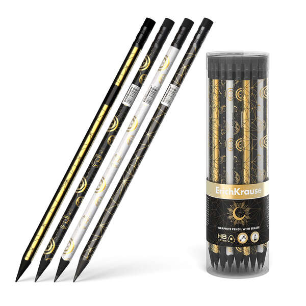 Erichkrause Magic Sky Lapiz de Grafito Triangular HB - Goma de Borrar - Madera Negra - Cuatro Diseños Diferentes - Cantidad: 42