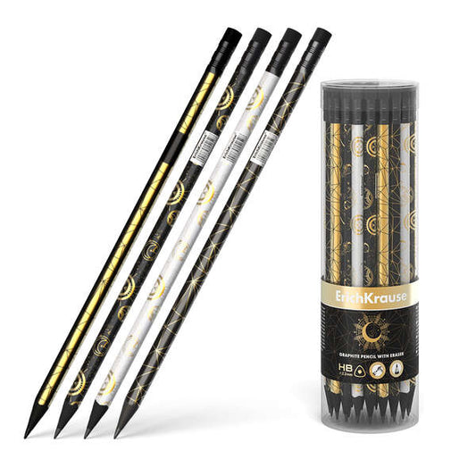 Erichkrause Magic Sky Lapiz de Grafito Triangular HB - Goma de Borrar - Madera Negra - Cuatro Diseño