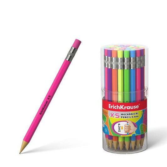Erichkrause Portaminas Xs 05 mm - Mini-Lapiz Mecanico Hexagonal - Carcasa y Borrador en Colores Neon Brillantes - Dureza HB - Minas de 05 mm de Diametro (Color Neon) - Cantidad: 42