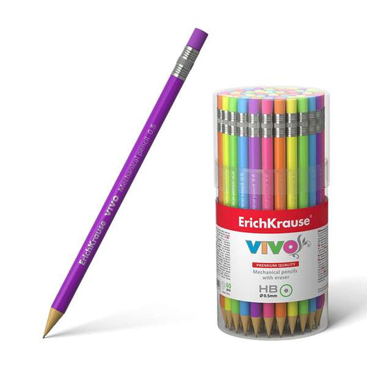Erichkrause Vivo Portaminas - 05mm HB - Carcasa y Borrador en Colores Neon - Dureza HB - Minas de 05mm - Colores Neon Brillantes - Cantidad: 60