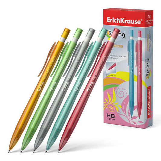Erichkrause Spring Portaminas 0.7mm HB - Goma de Borrar - Para Minas 0.7mm - Colores Surtidos - Cantidad: 12