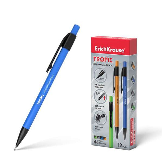 ErichKrause Tropic Portaminas - Boquilla Retractil y Revestimiento Soft Touch - Colores Mate Brillantes - con Borrador y Capuchon - Clip Comodo - Dureza HB - Minas de 0.5mm - Color Negro