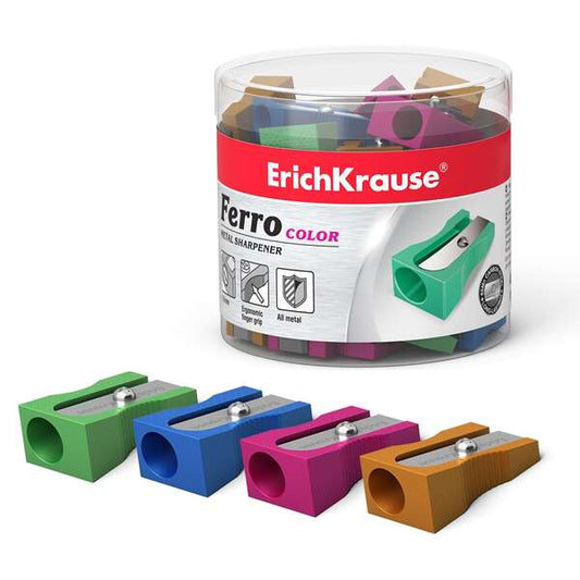 Erichkrause Ferro Color Sacapuntas de Aluminio con Agarre Ergonomico - Orificio de 8mm - Cuchilla de Acero al Carbono - Colores Surtidos - Cantidad: 48