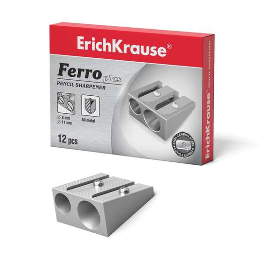 Erichkrause Ferro Plus - Sacapuntas Doble de Aluminio - Agarre Ergonomico - Dos Agujeros de 8mm y 11mm - Cuchilla de Acero al Carbono en Forma de Espiral - Color Plata - Cantidad: 12