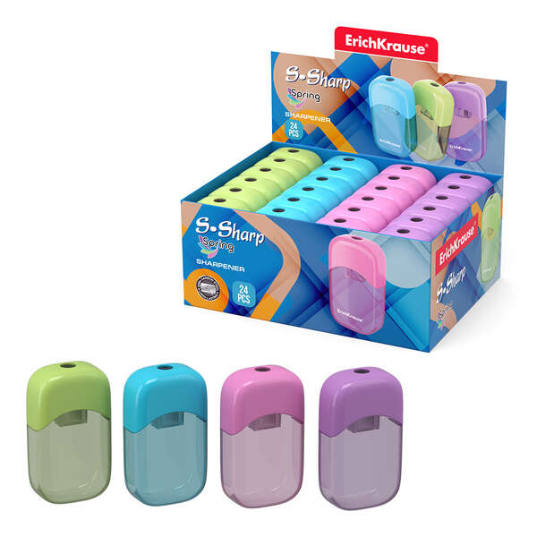Erichkrause Sacapuntas S-Sharp con Contenedor - Diseño Ergonomico - Cuchilla de Acero Resistente - Color Surtido - Cantidad: 24