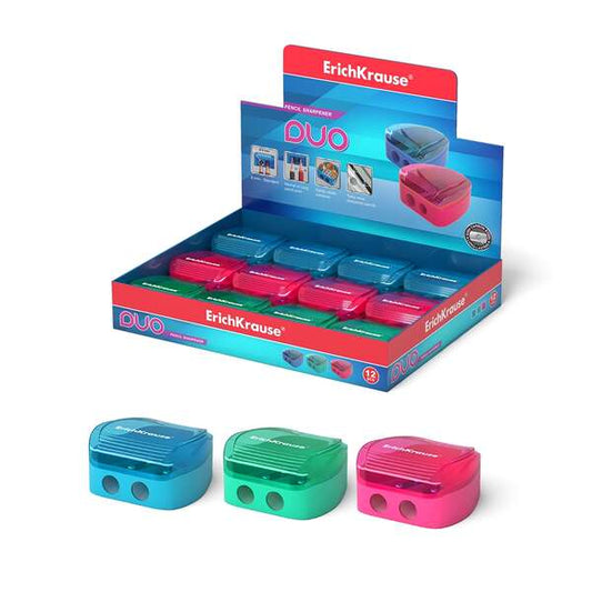 Erichkrause Duo - Sacapuntas Doble de Plastico - Contenedor para Virutas - Colores Neon - Diametro de 8mm - Cuchilla de Acero al Carbono - Surtido - Cantidad: 12