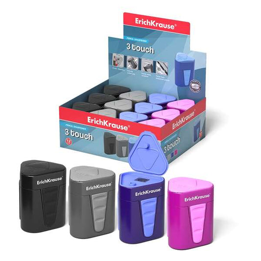 Erichkrause Sacapuntas de Plastico 3-Touch con Deposito y Tapa - Contenedor Grande para Virutas - Bordes de Goma Antideslizantes - Color Surtido - Cantidad: 12