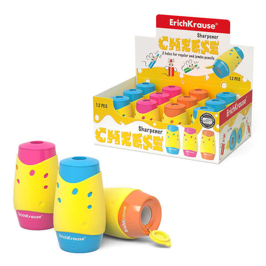 Erichkrause Cheese Sacapuntas con Deposito - 2 Orificios de 8 y 11mm - Diseño de Queso - Hoja de Acero al Carbono - Colores Surtidos - Cantidad: 12
