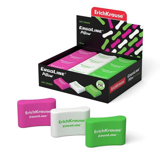 Erichkrause Ergoline Pillow Goma de Borrar Ergonomica - Fabricada de Caucho Termoplastico Hipoalergenico - Sin PVC - Colores Rosa, Blanco y Verde - Cantidad: 36