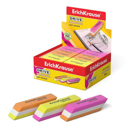 Erichkrause Drive Goma de Borrar Suave de Forma Clasica - Fabricado de Caucho Termoplastico Hipoalergenico - Diseño en Color de Tres Capas - Libre de Impurezas - No Contiene Pvc - Color Negro - Cantidad: 36