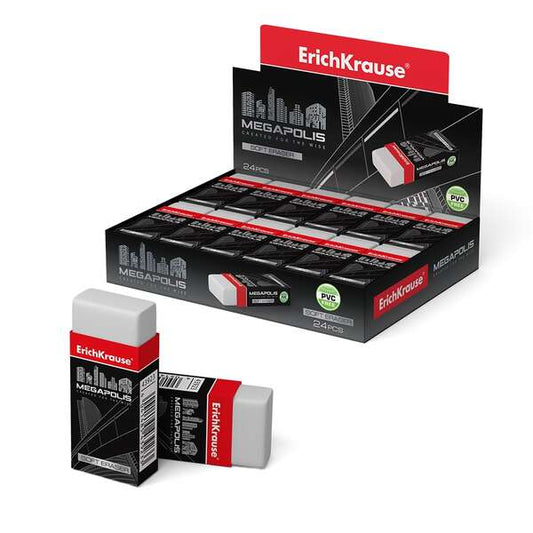 Erichkrause Megapolis Goma de Borrar Suave - Fabricada de Caucho Termoplastico Hipoalergenico - Ecologica y Moderna - Envoltorio de Carton - Sin PVC - Color Blanco - Cantidad: 24