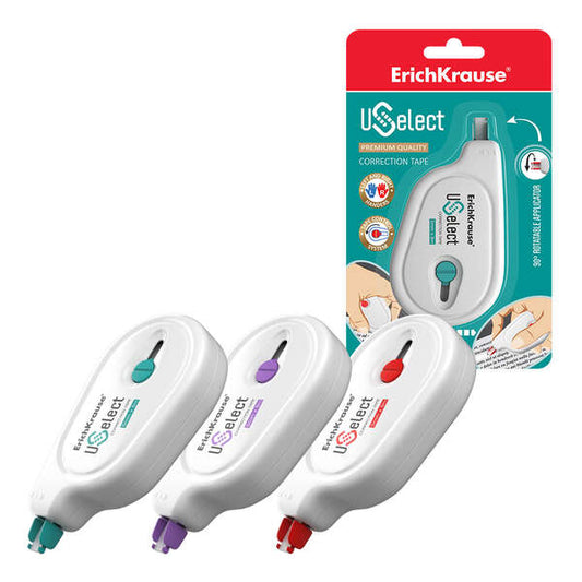 Erichkrause Cinta Correctora Uselect - Adecuada para Uso Ambidiestro - Aplicador Giratorio - Control de Cinta - Secado Inmediato - Color/Diseño Variado - Cantidad: 24