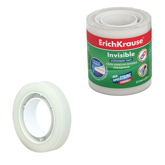 ErichKrause Cinta Adhesiva Invisible 12mmx20m - Superficie Mate - Apta para Escribir Encima - Transparente - Cantidad: 4