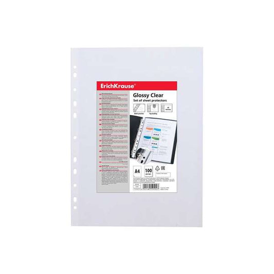 Erichkrause Glossy Clear Pack de 100 Fundas Multitaladro A4 60mic - 11 Taladros - Acabado Brillante Transparente