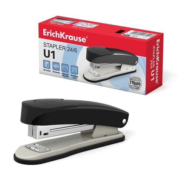 Erichkrause U1 Grapadora Metalica - Hasta 30 Hojas - Capacidad 100 Grapas 24/6 o 140 Grapas 26/6 - Grapado Permanente y Temporal - Profundidad del Papel 60mm - Color Negro