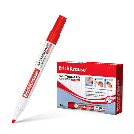 Erichkrause W-500 Rotulador para Pizarra Blanca - Punta en Forma de Bala - Trazo de 0.8 a 2.5mm - Tinta a Base de Alcohol - Color Rojo - Cantidad: 12