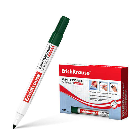 Erichkrause W-500 Rotulador para Pizarra Blanca - Punta en Forma de Bala - Trazo de 0.8 a 2.5mm - Tinta a Base de Alcohol - Color Verde - Cantidad: 12